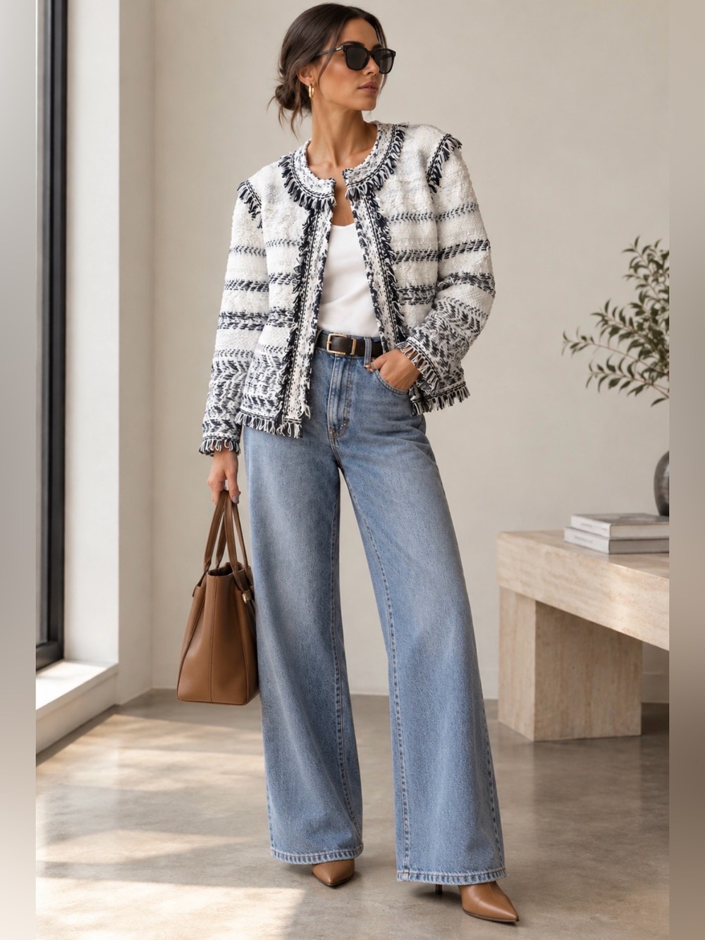 St. John Fringe Knit Jacket Navy Ivory Quiet Luxury size 10 NWT